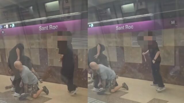 Imatges capturades del vídeo de la retenció del lladre a l'estació de Sant Roc (Badalona)